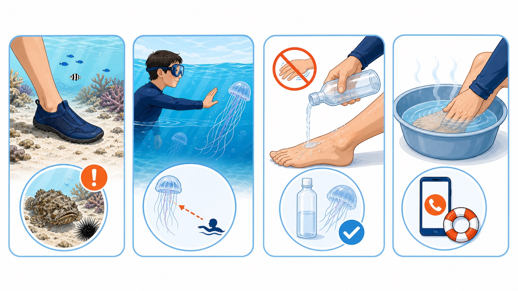 海の危険生物を予防する服装と応急処置の流れを示すイラスト