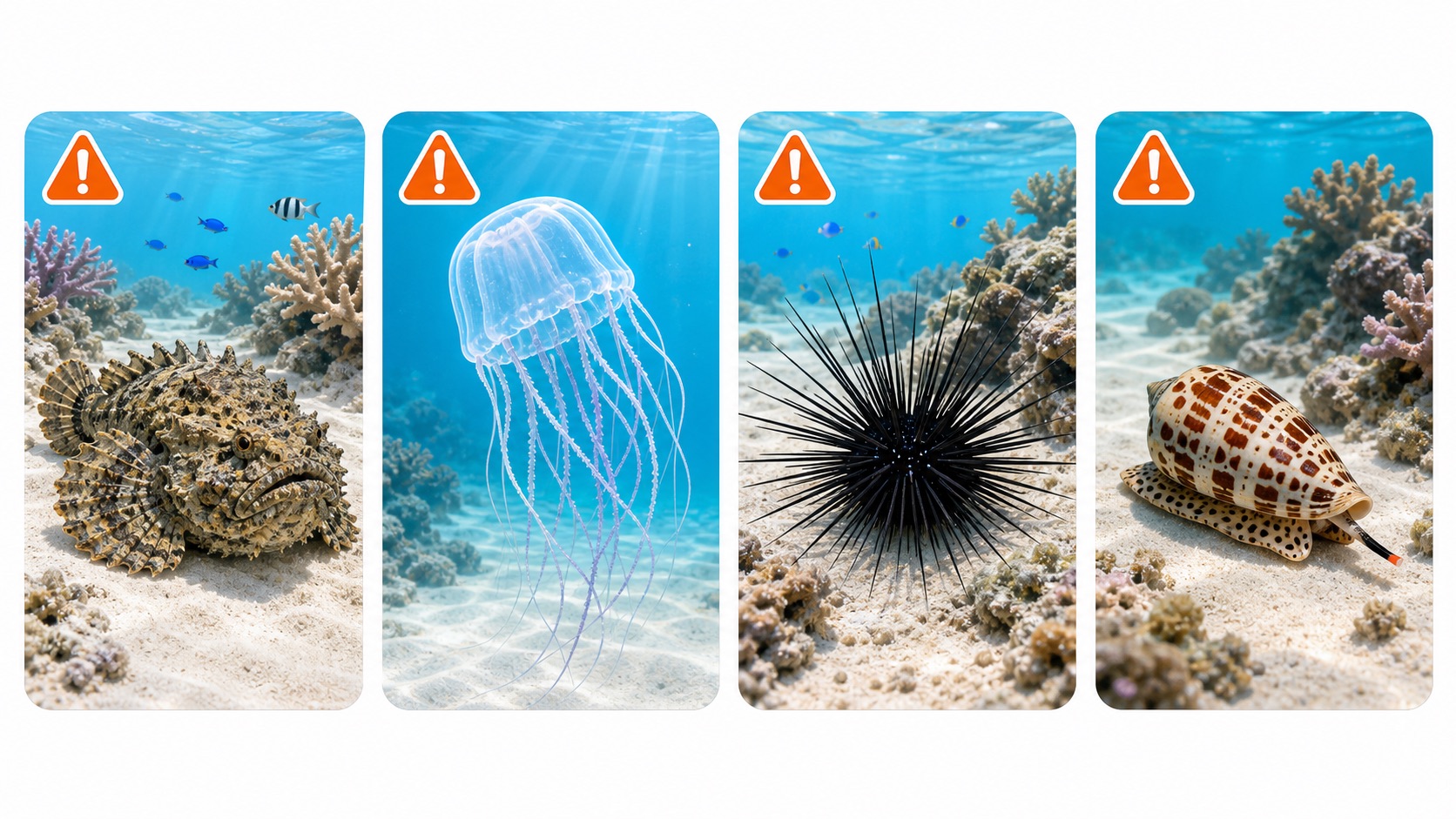 沖縄の海で注意したいオニダルマオコゼ、ハブクラゲ、カンガゼ、イモガイのイラスト