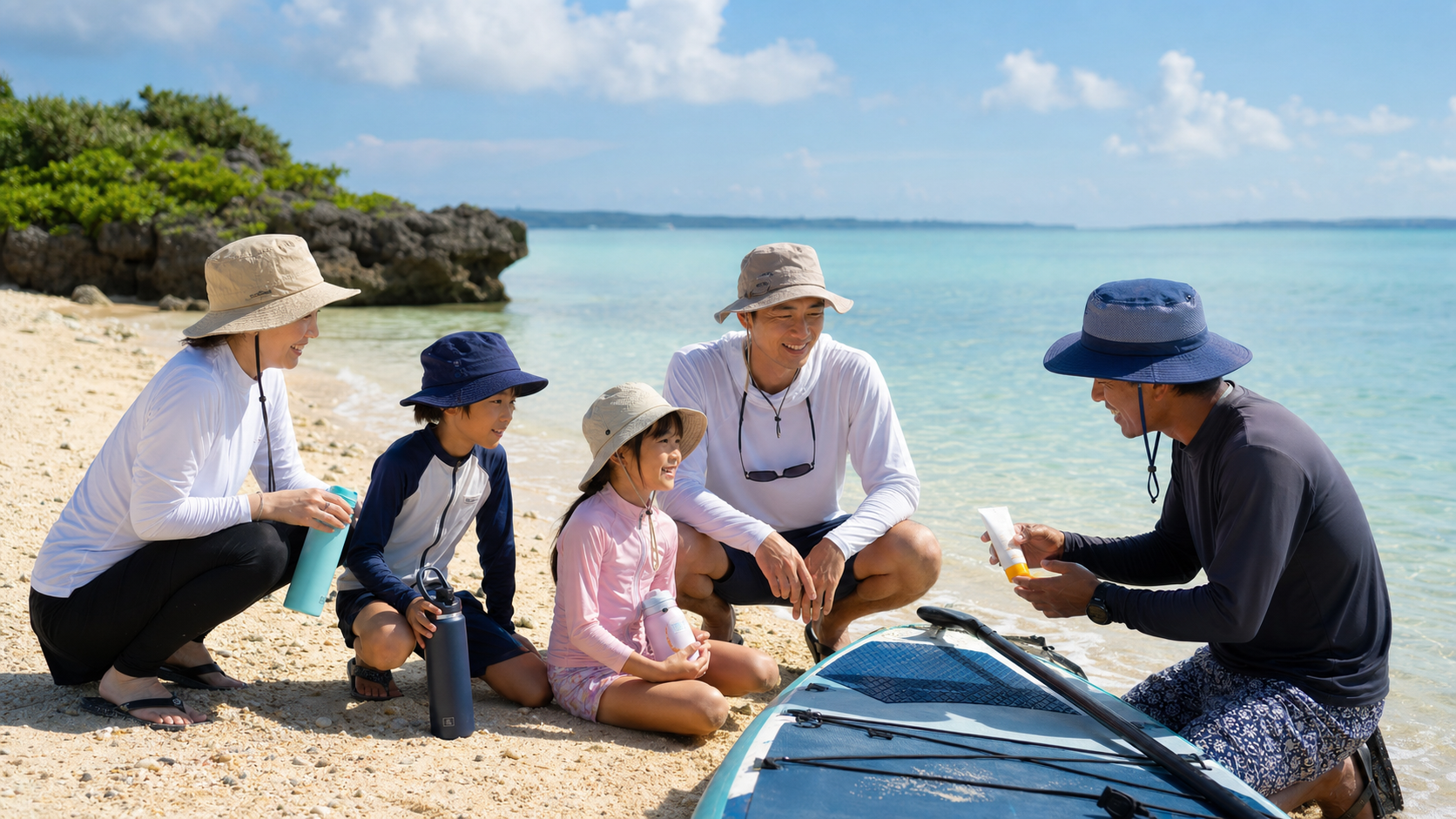 沖縄の海辺で家族がラッシュガードと帽子を身につけてSUP前の日差し対策をしている様子