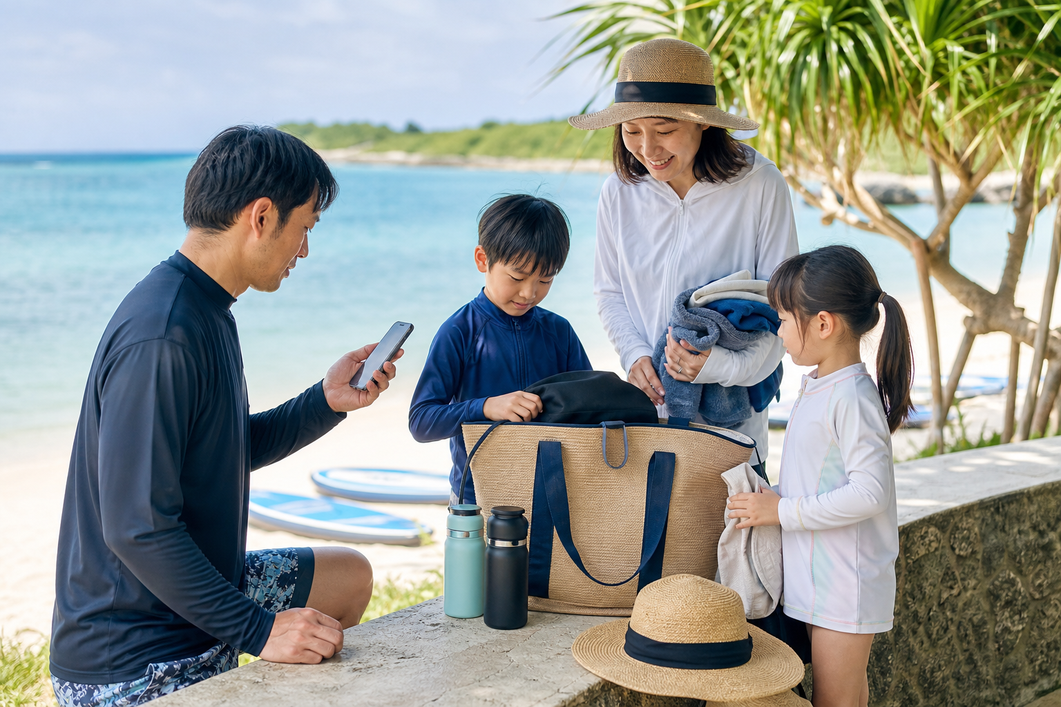 沖縄の海辺で家族が海遊びの持ち物と天気を確認している様子