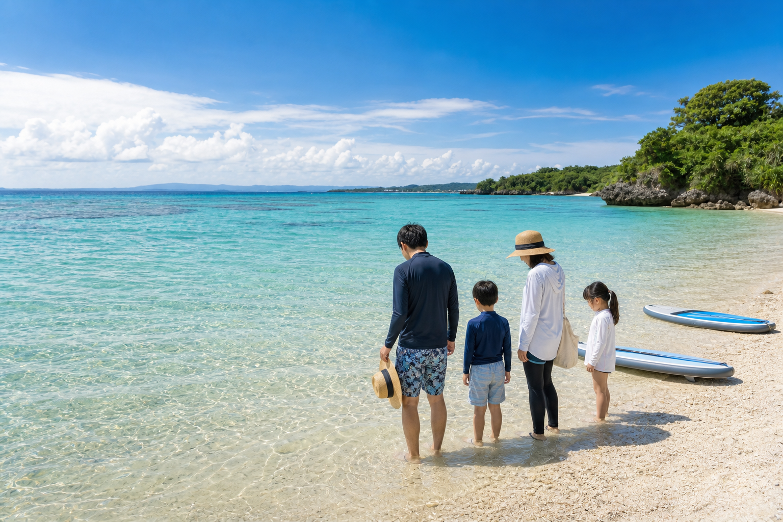 白い砂と透明な浅瀬が広がる沖縄の海を家族が眺めている様子