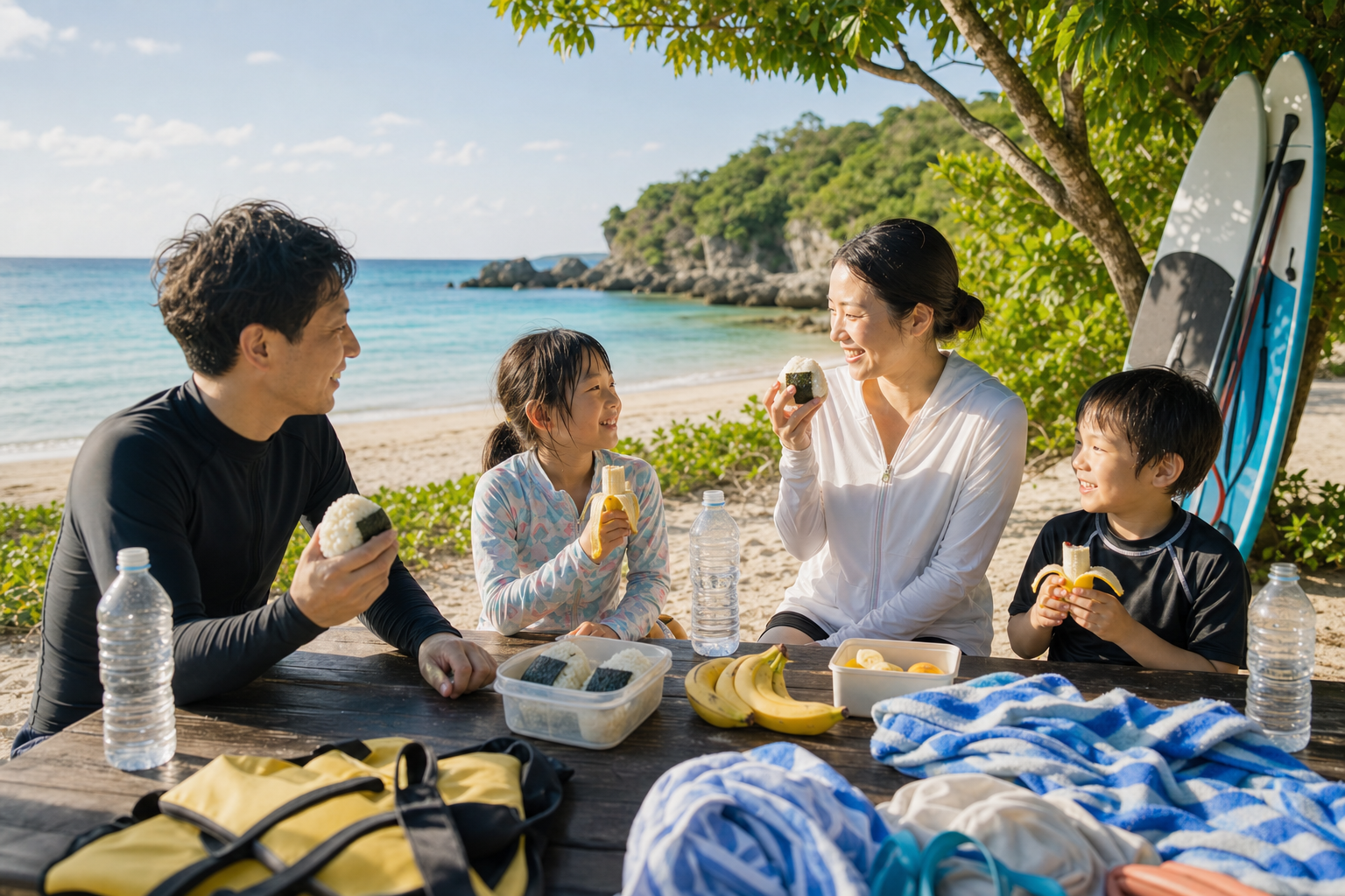 沖縄の海遊び前に家族で軽い朝ごはんを食べる様子