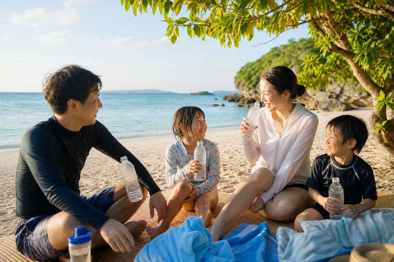 沖縄の海遊び後に木陰で水分補給をしながら休む家族