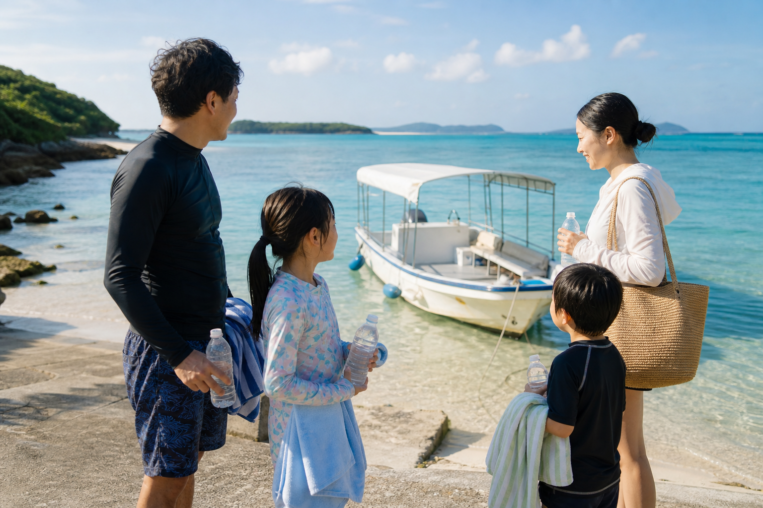 沖縄の穏やかな海でボート前に水分補給をする家族