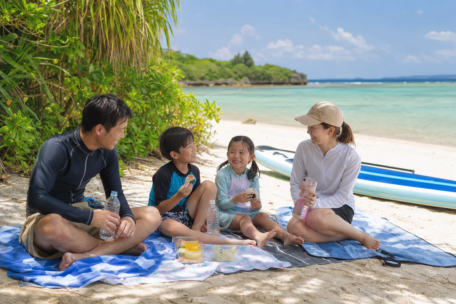 沖縄の海辺で水分補給をしながら休憩する家族