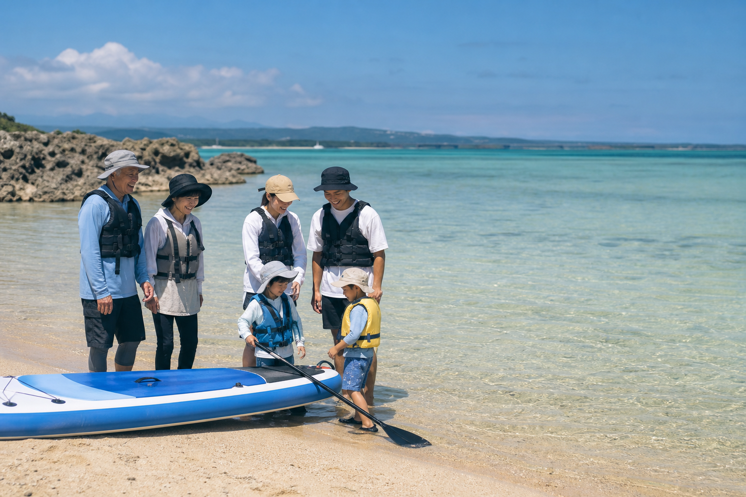 沖縄の浅瀬で三世代の家族が海遊びの準備をしている様子