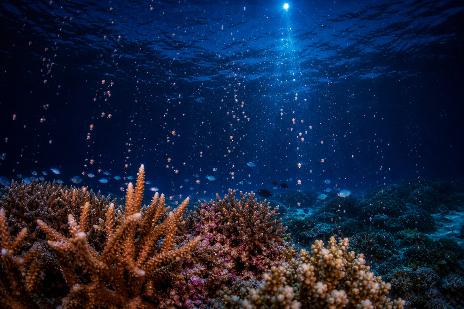 沖縄の夜のサンゴ礁でミドリイシ類からピンク色のバンドルが海面へ浮かぶ様子