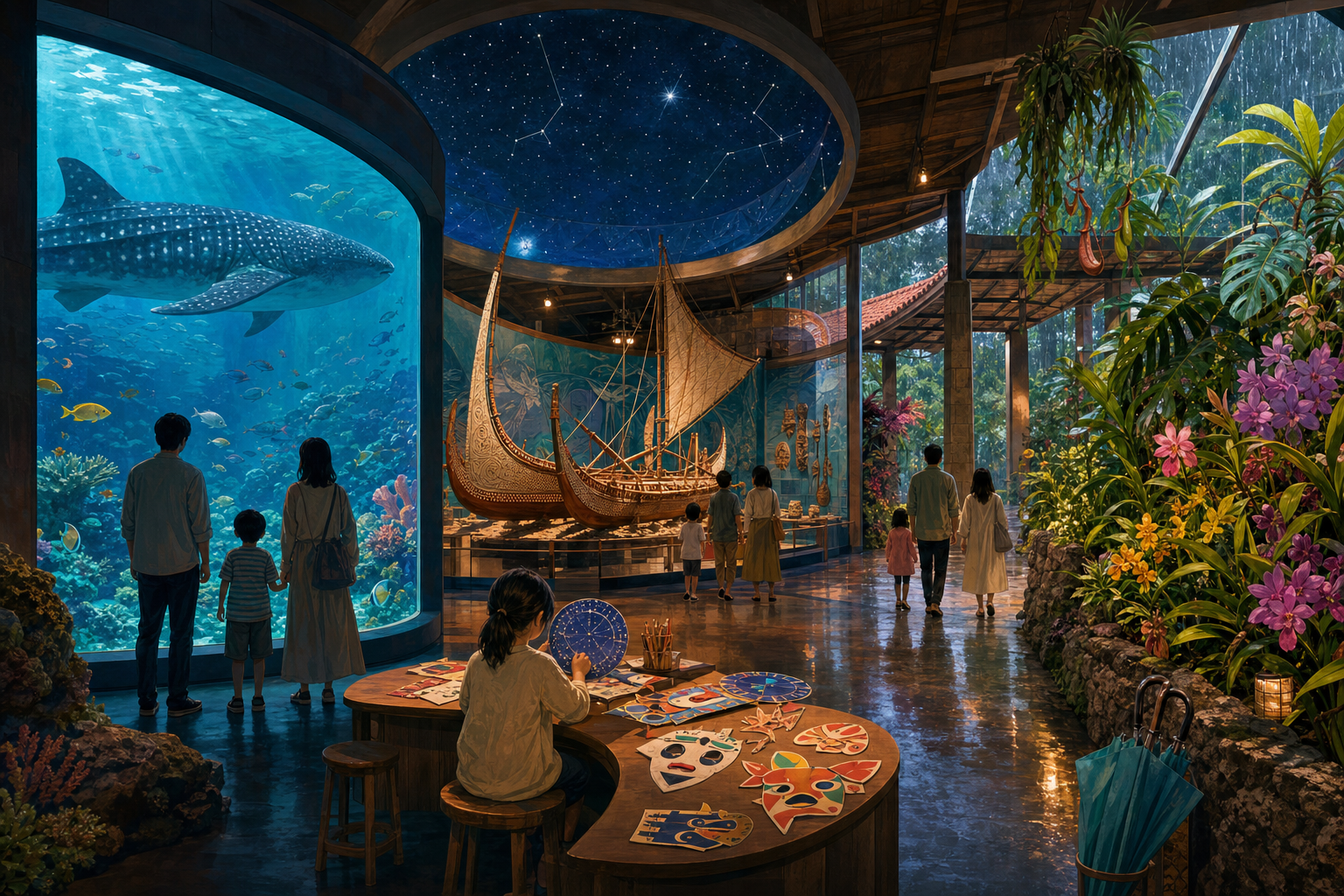 雨の日に水族館、海洋文化のカヌー展示とクラフト、プラネタリウム、熱帯植物園を家族で楽しむ図解