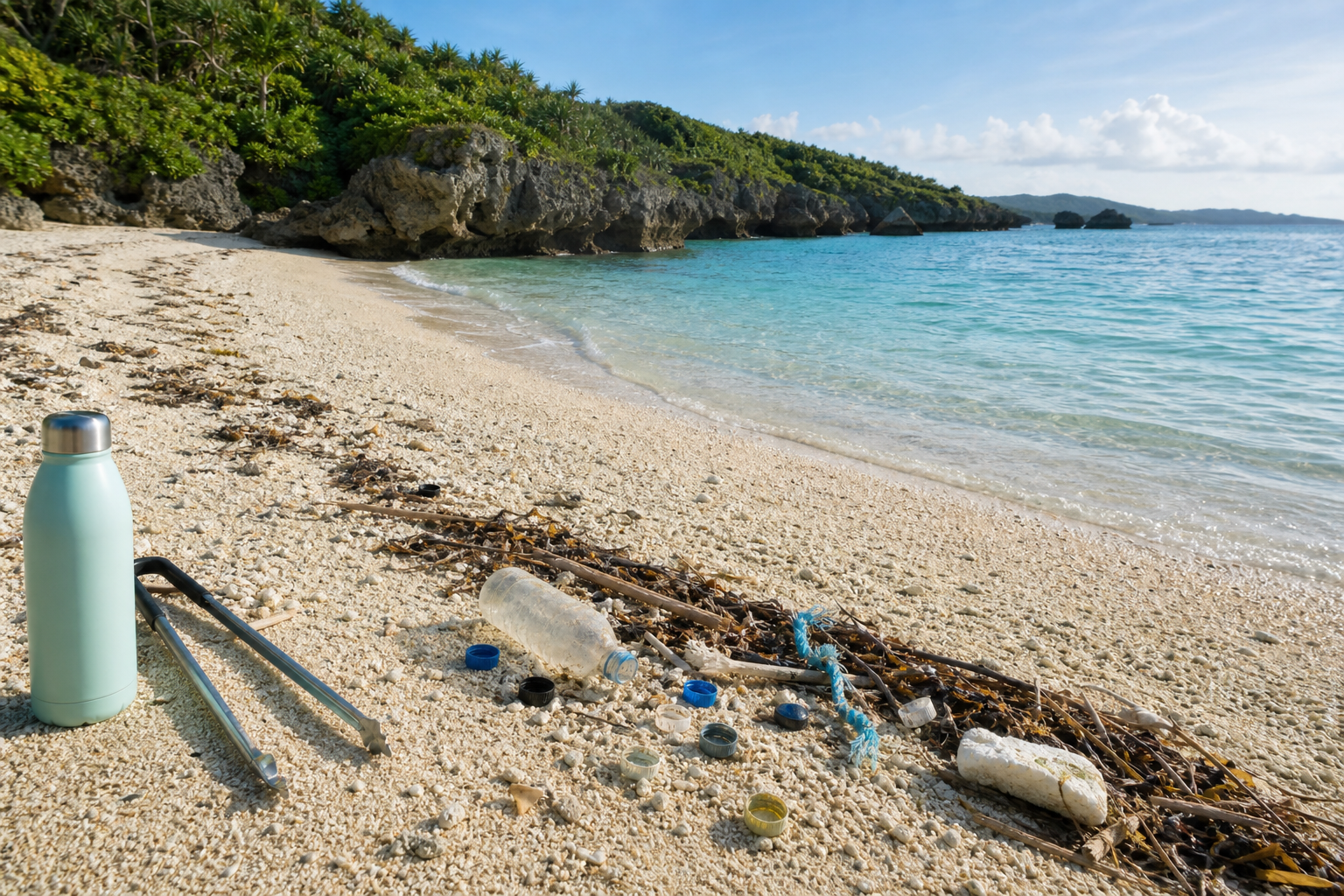沖縄の砂浜に流れ着いた小さなプラスチック片と、マイボトル、ごみ拾い用トング