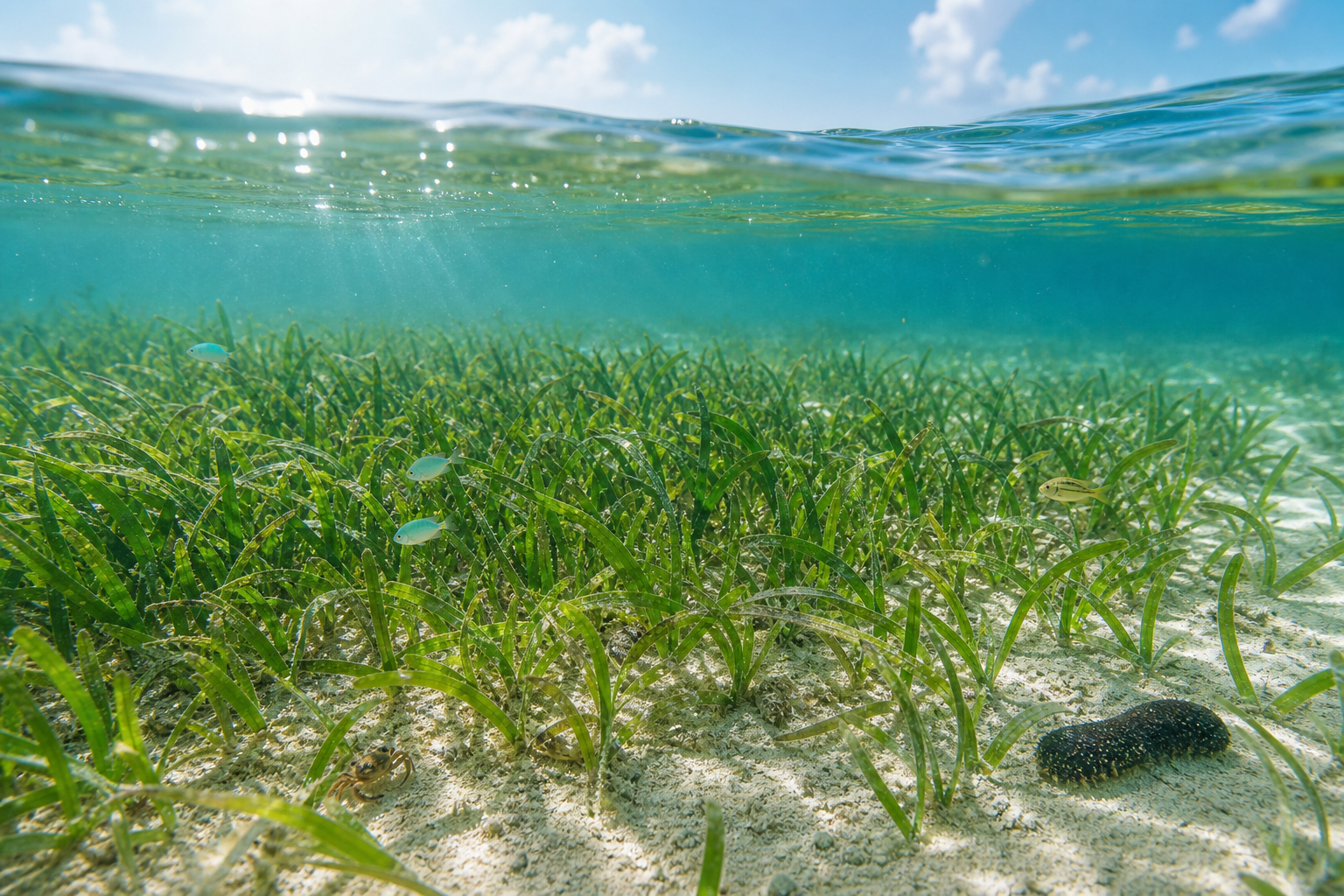 沖縄の浅い砂地に海草が広がり、小魚やナマコが暮らす海草藻場