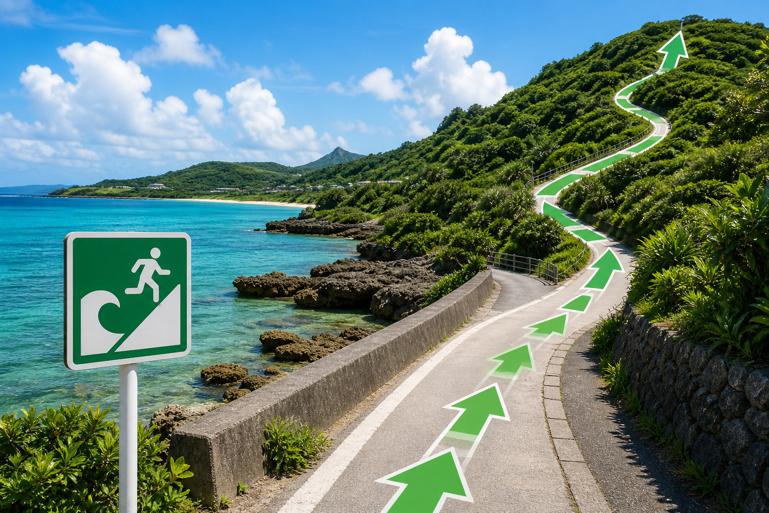 沖縄の海岸から高台へ続く津波避難経路を矢印で示した図解