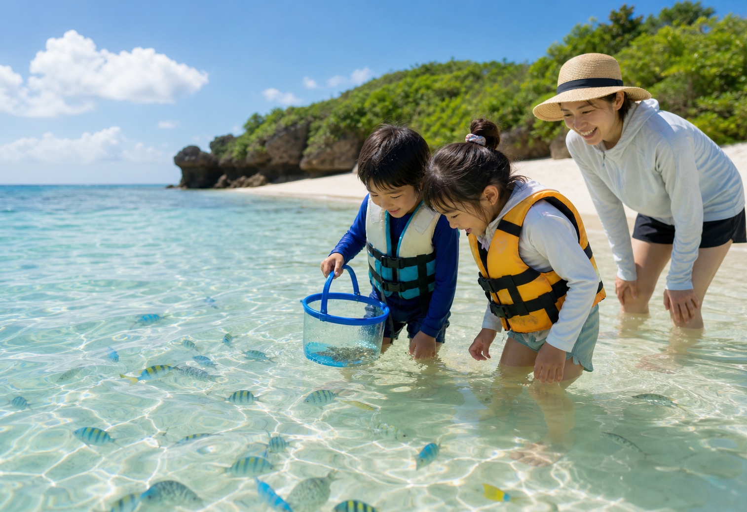 沖縄の浅瀬で子どもたちが魚を見ながら水遊びする様子