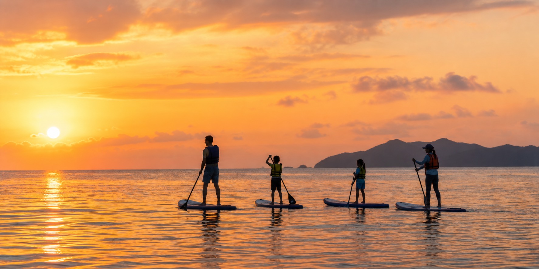 沖縄の夕方に家族でSUPを楽しむ様子